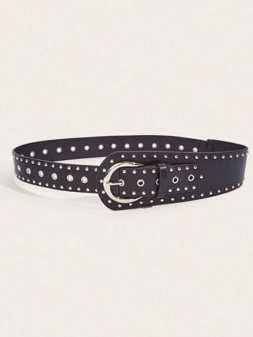 Black Studded Wide Leather Belt with Antique Silver Buckle